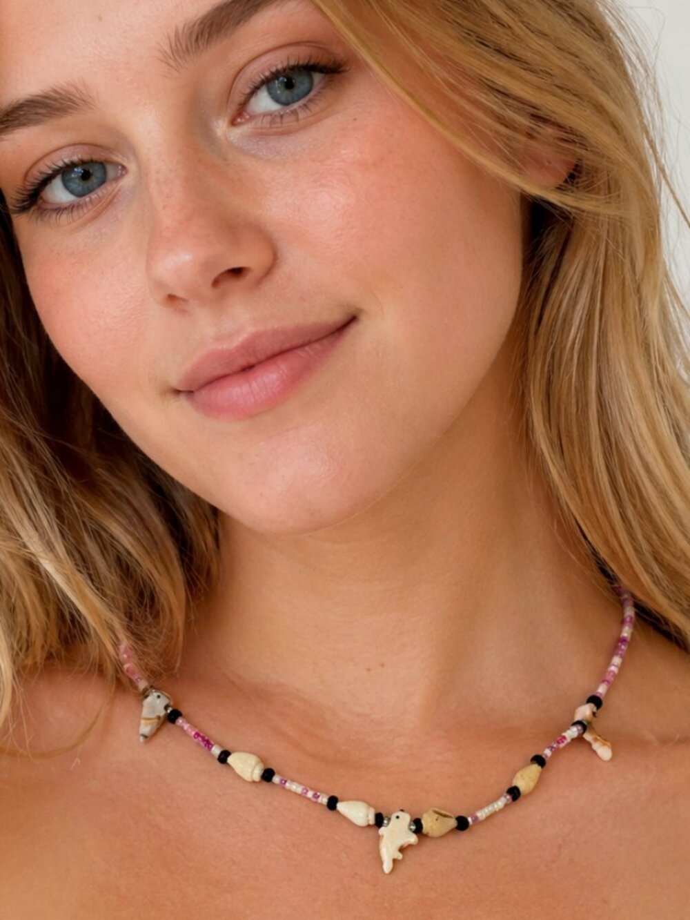 Vintage Dolphin Beaded Necklace Pink Shell Beach Jewelry Coastal Boho Fetish